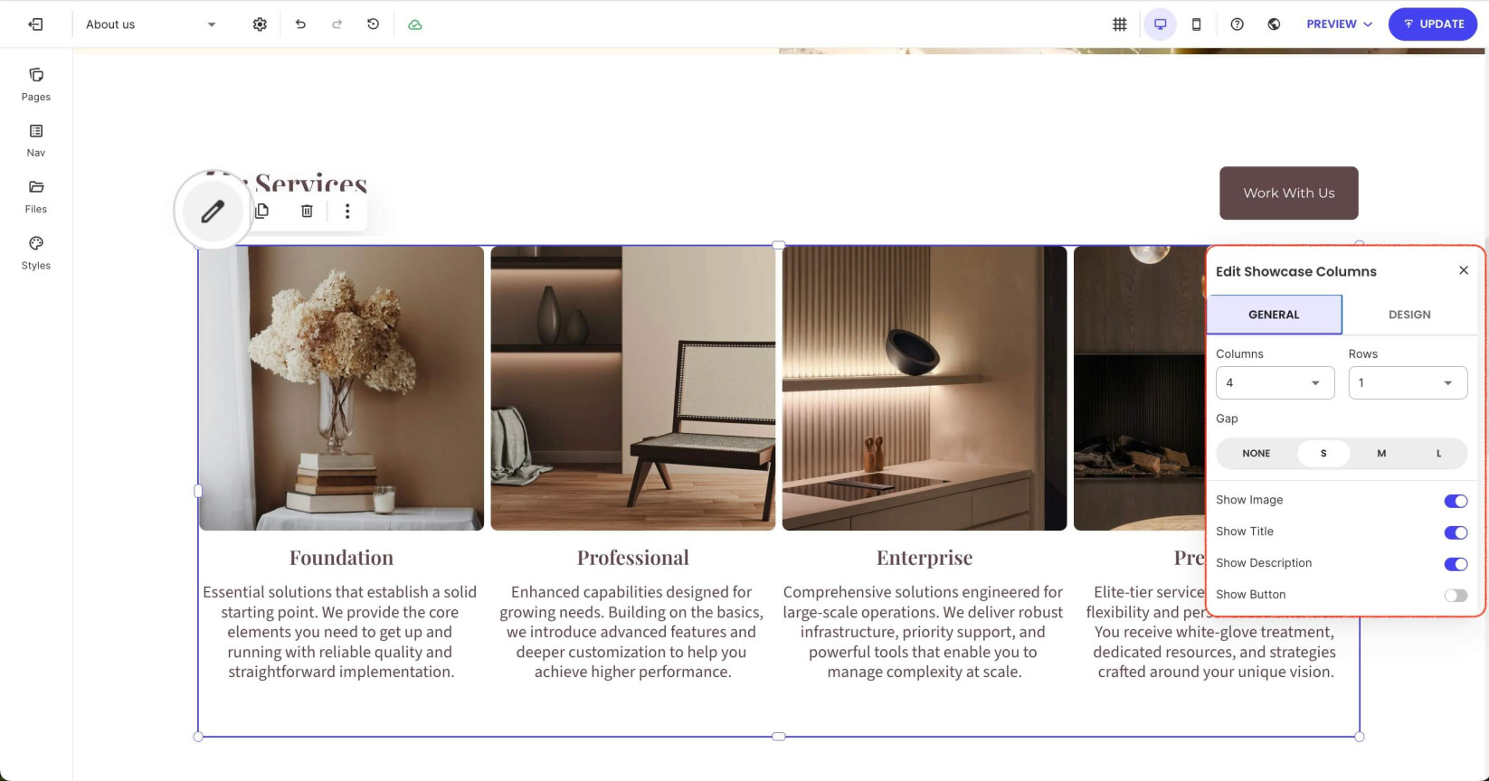 Selected Showcase Column inside a section displaying editing options 