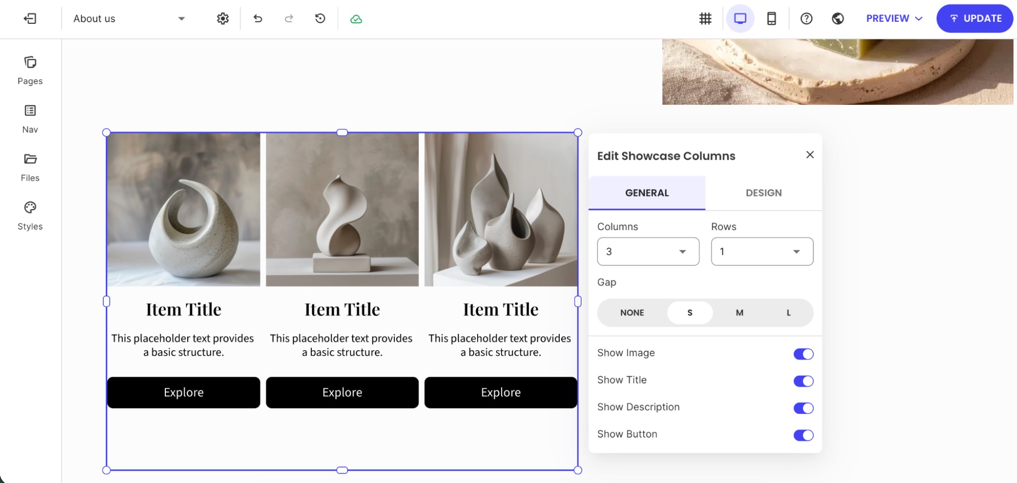 Showcase columns settings panel showing options for columns, rows, gap, and toggles for image, title, description, and button.
