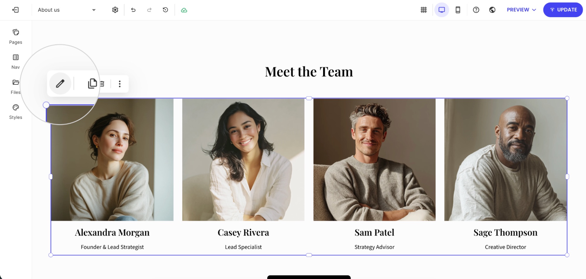 Team section with four member profiles selected and inline edit controls visible.