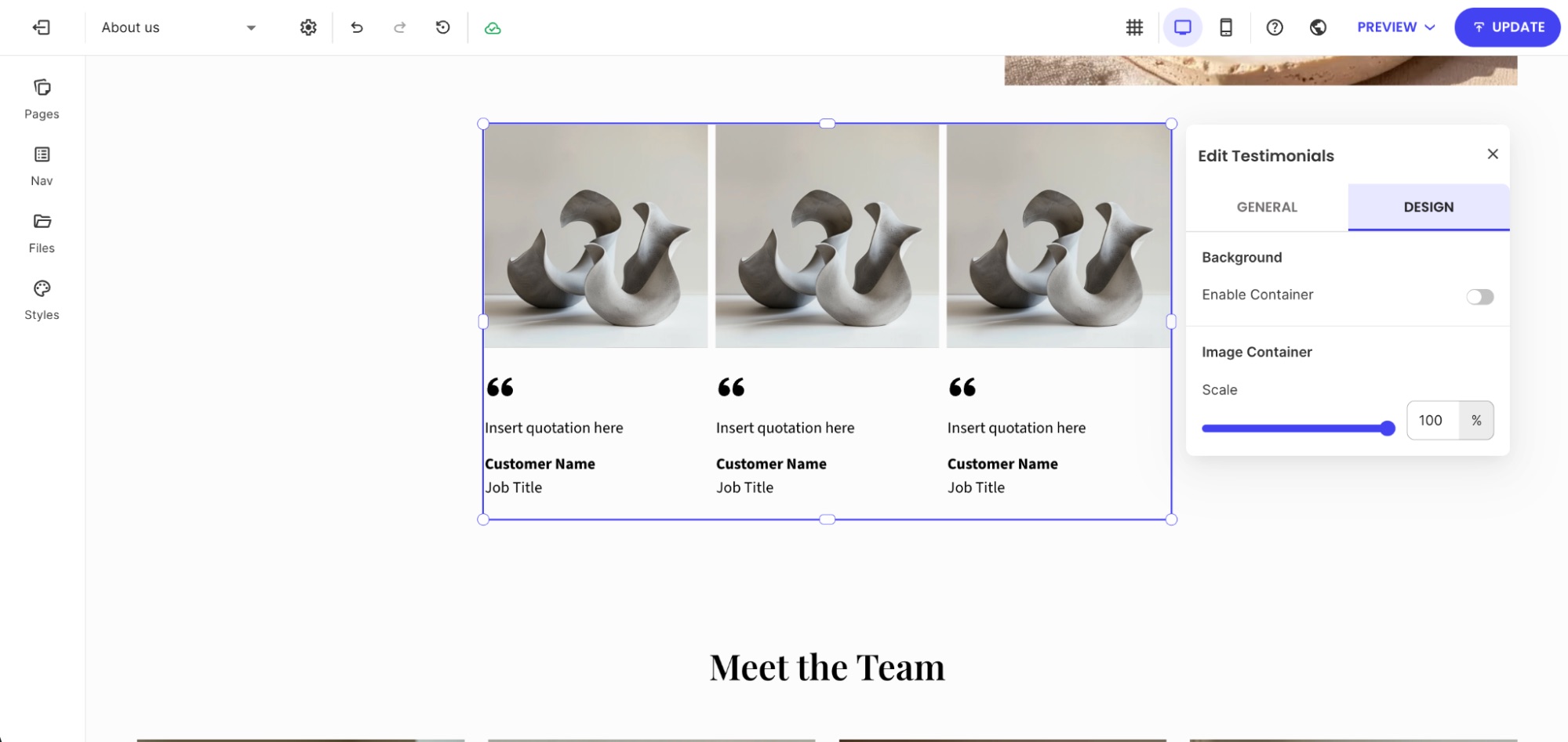 Edit Testimonials panel open on Design tab showing background and image container settings with scale slider