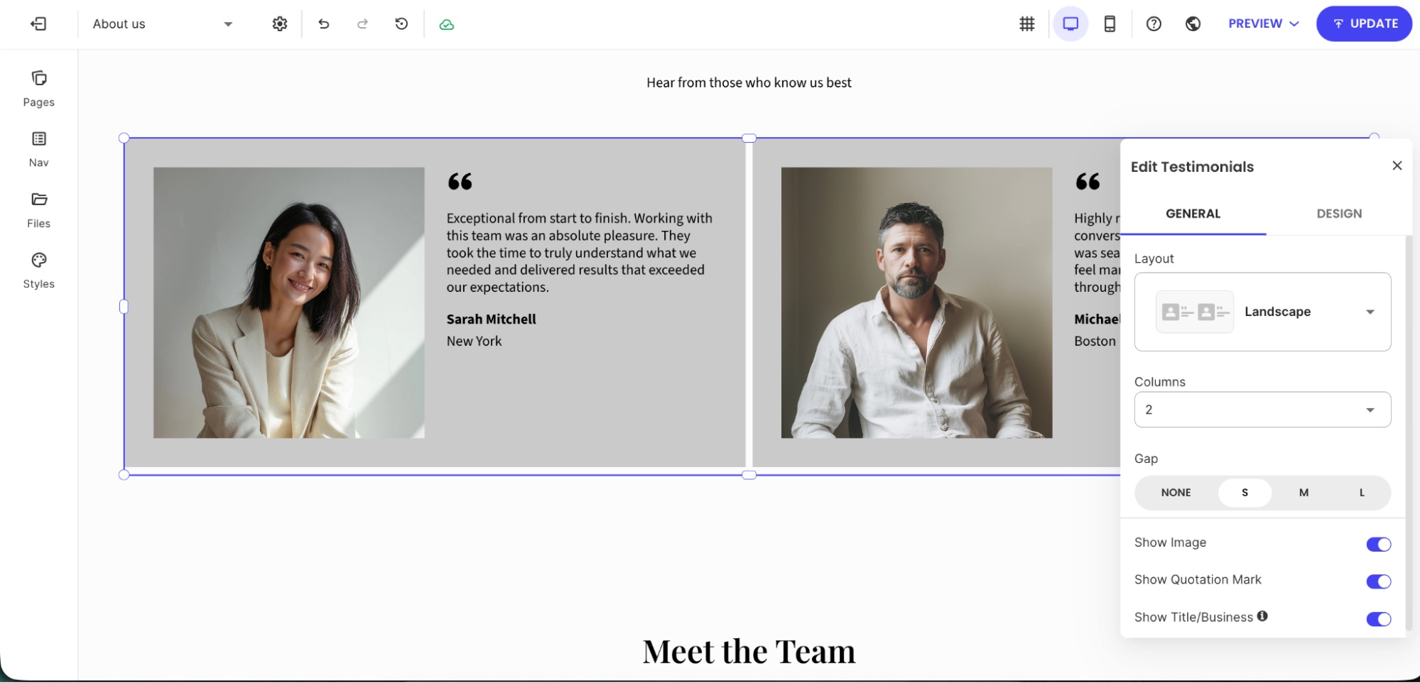 Edit Testimonials panel on General tab displaying layout style, column count, gap options, and visibility toggles