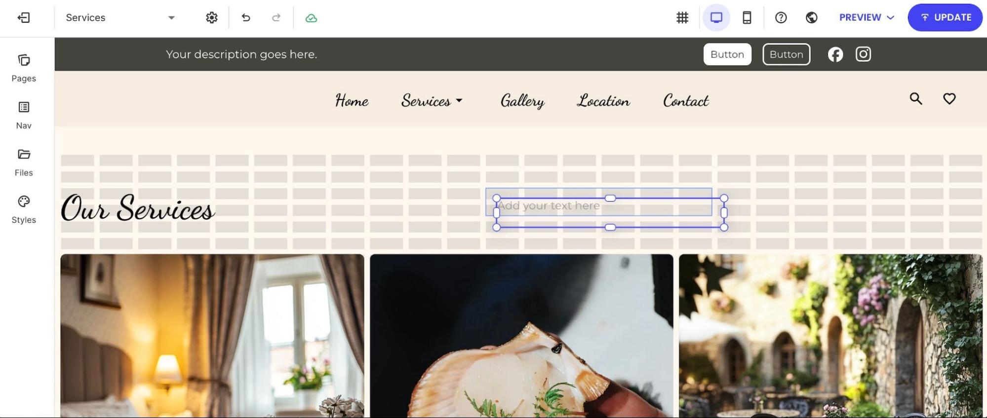 Selecting a new text box element to add custom content to the Services section.