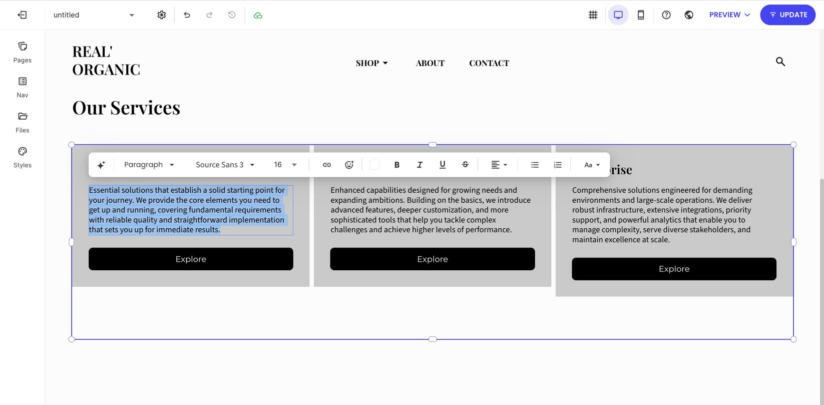 A section of a page in Website Builder with a highlighted text displaying a toolbar with editing options