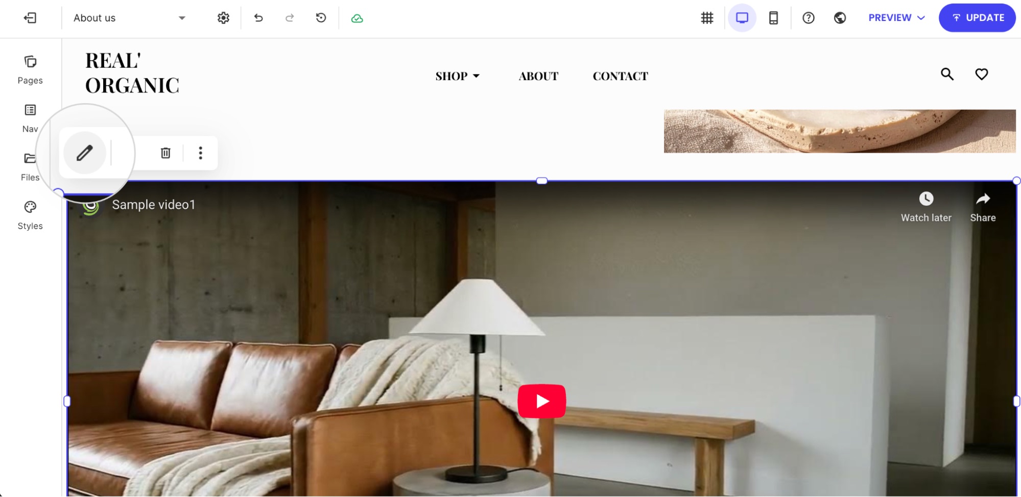Video component placed on a page in Website Builder with the floating edit toolbar displayed above the selected element