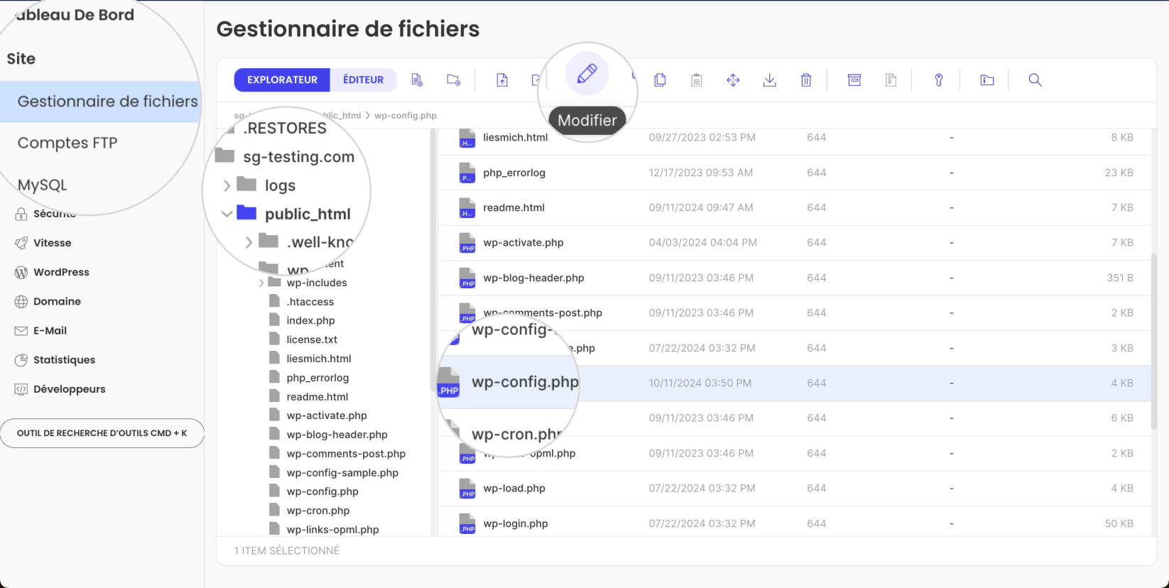Modifier le fichier wp-config.php dans le Gestionnaire de fichiers
