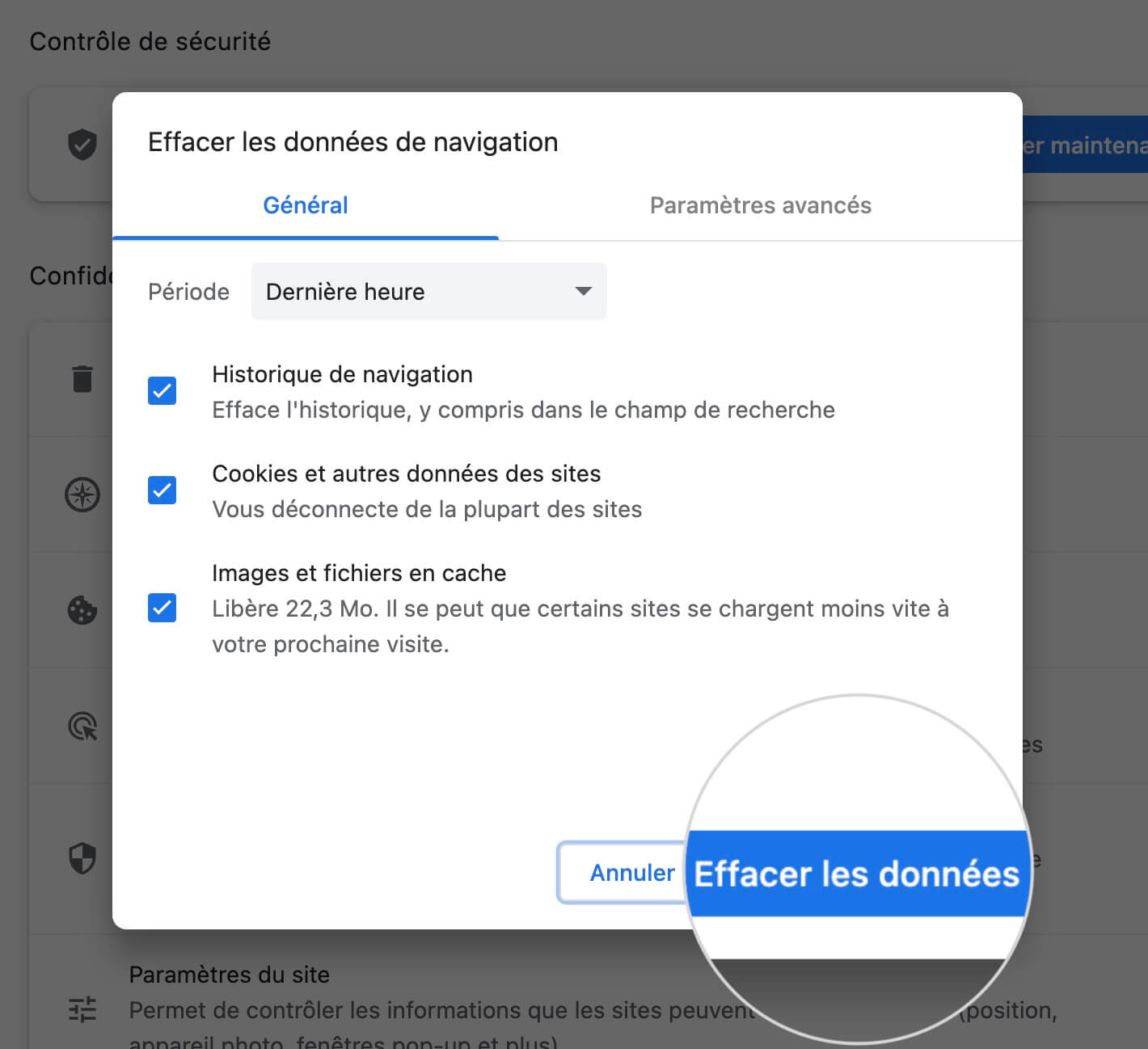 Vider le cache et effacer les cookies avec le bouton Effacer les données de Chrome