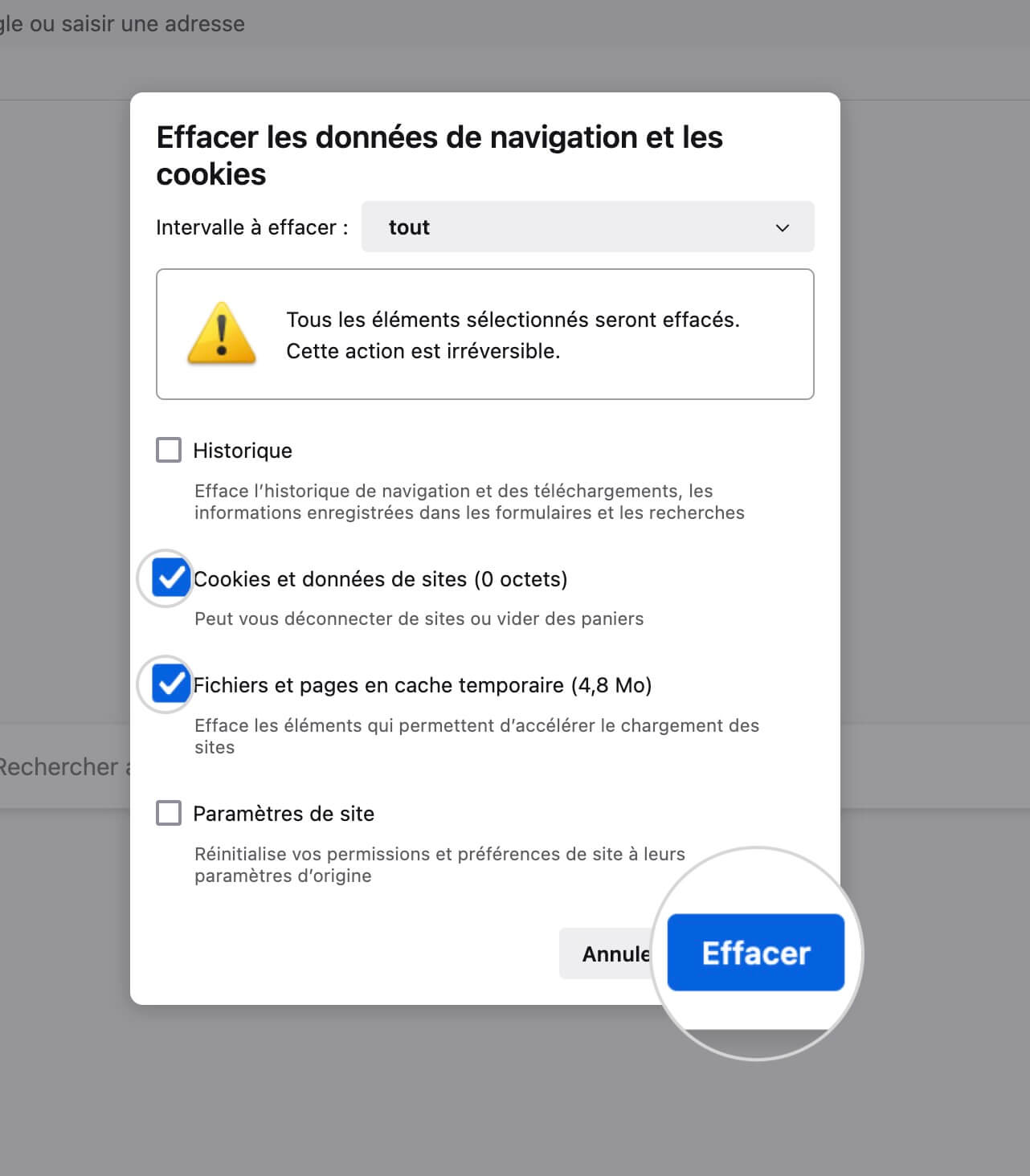 Comment effacer le cache et effacer les cookies de Firefox