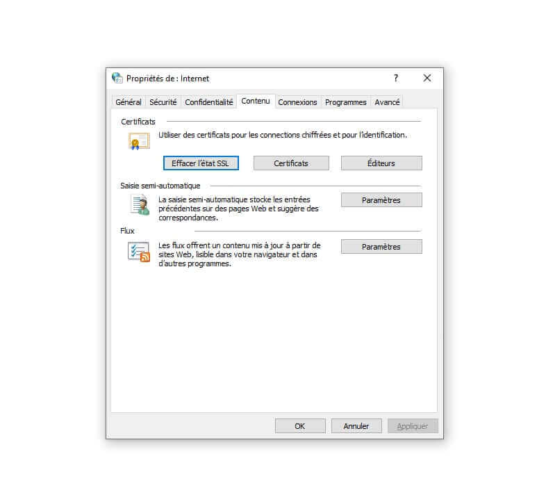 Capture d'écran des propriétés Internet sur Windows, où vous pouvez effacer l'état SSL de l'appareil.