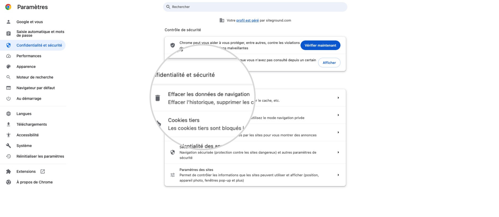 Capture d'écran montrant comment effacer les données de navigation de Chrome pour résoudre l'erreur ERR_CACHE_MISS