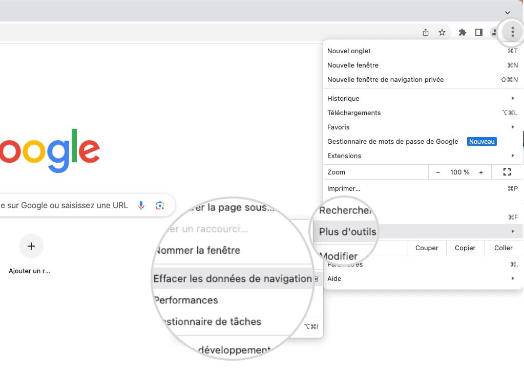 Option Effacer les données de navigation dans Google Chrome