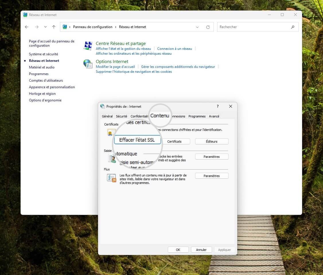 Bouton "Effacer l’état SSL" sous Windows