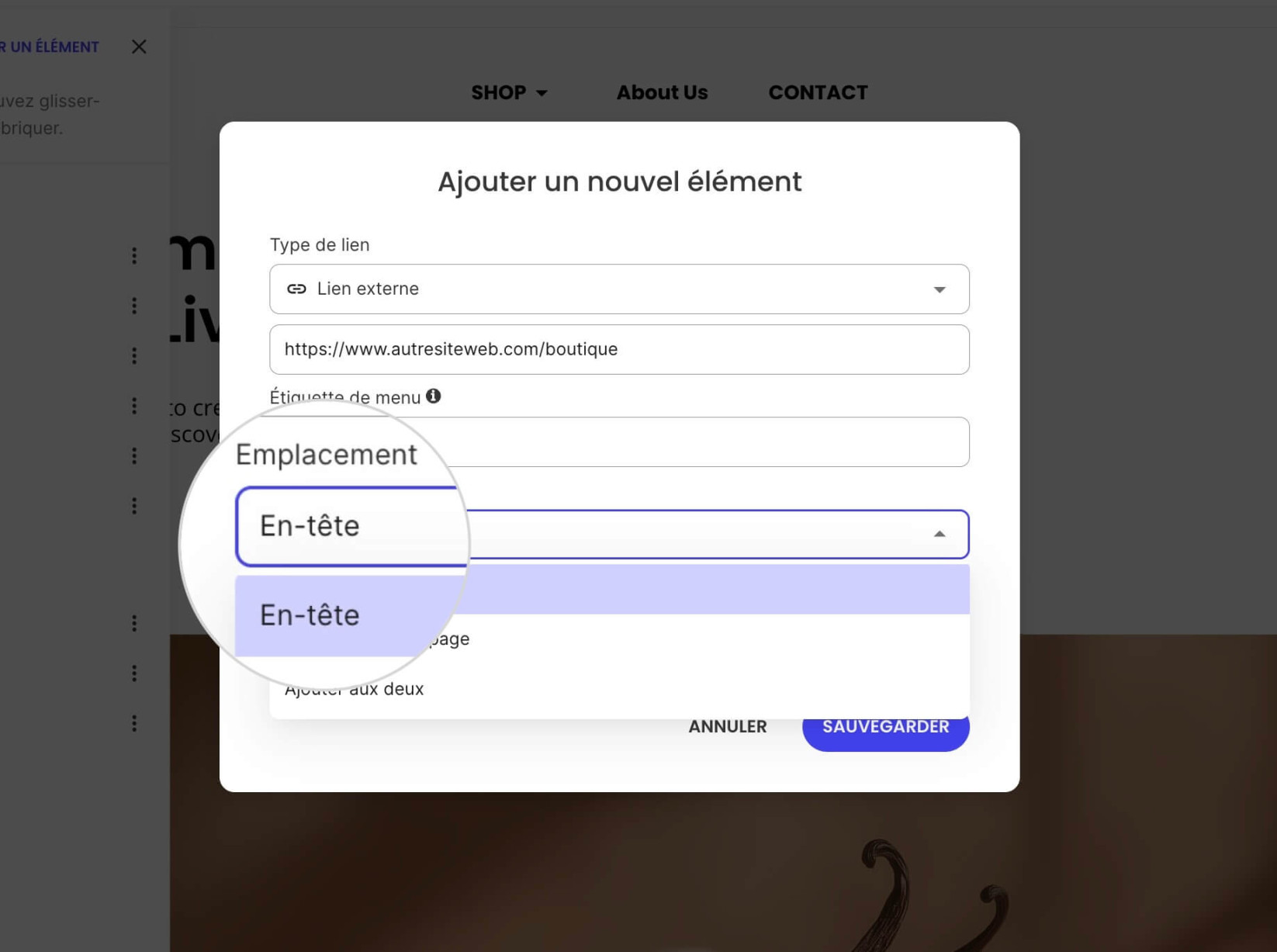 Une fenêtre contextuelle pour ajouter des éléments de menu où l'emplacement est défini sur En-tête