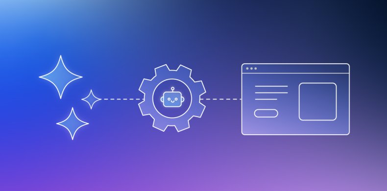 Illustration montrant le concept d’automatisation par IA : des étincelles reliées à un engrenage avec une icône de chatbot, connecté à une fenêtre de navigateur web sur un fond dégradé bleu-violet.