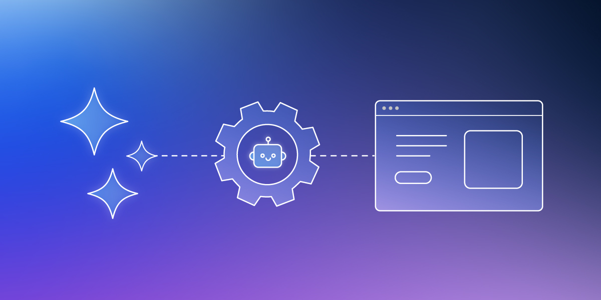 Illustration montrant le concept d’automatisation par IA : des étincelles reliées à un engrenage avec une icône de chatbot, connecté à une fenêtre de navigateur web sur un fond dégradé bleu-violet.