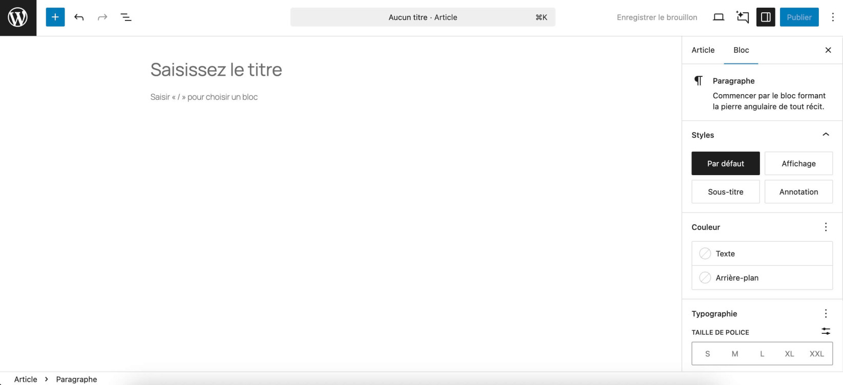 Éditeur de blocs WordPress affichant un article sans titre avec l’option Enregistrer le brouillon visible en haut de l’écran.