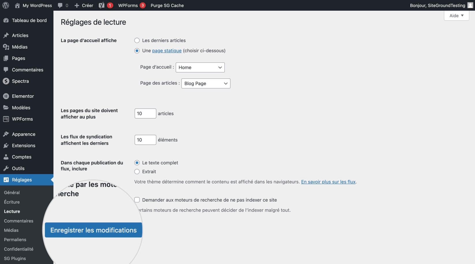 Capture d’écran montrant le bouton Enregistrer les modifications dans Paramètres Lecture de WordPress