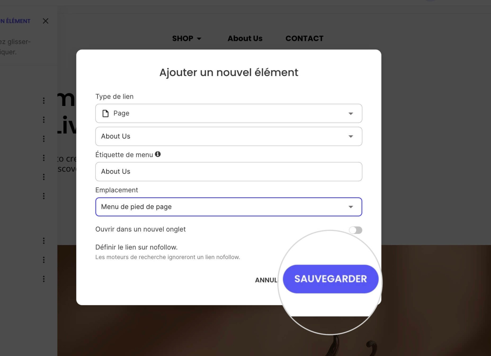 Une fenêtre contextuelle pour ajouter un élément de menu avec un bouton Enregistrer mis en évidence