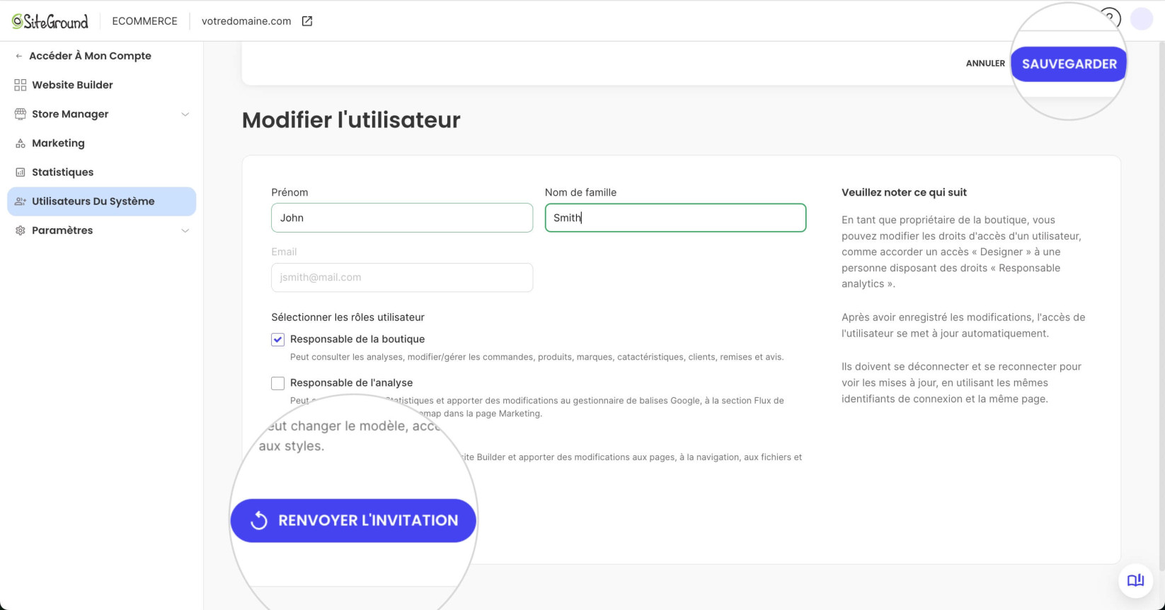 Page d'un utilisateur du système où vous pouvez éditer les détails et enregistrer les modifications ou renvoyer l'invitation 