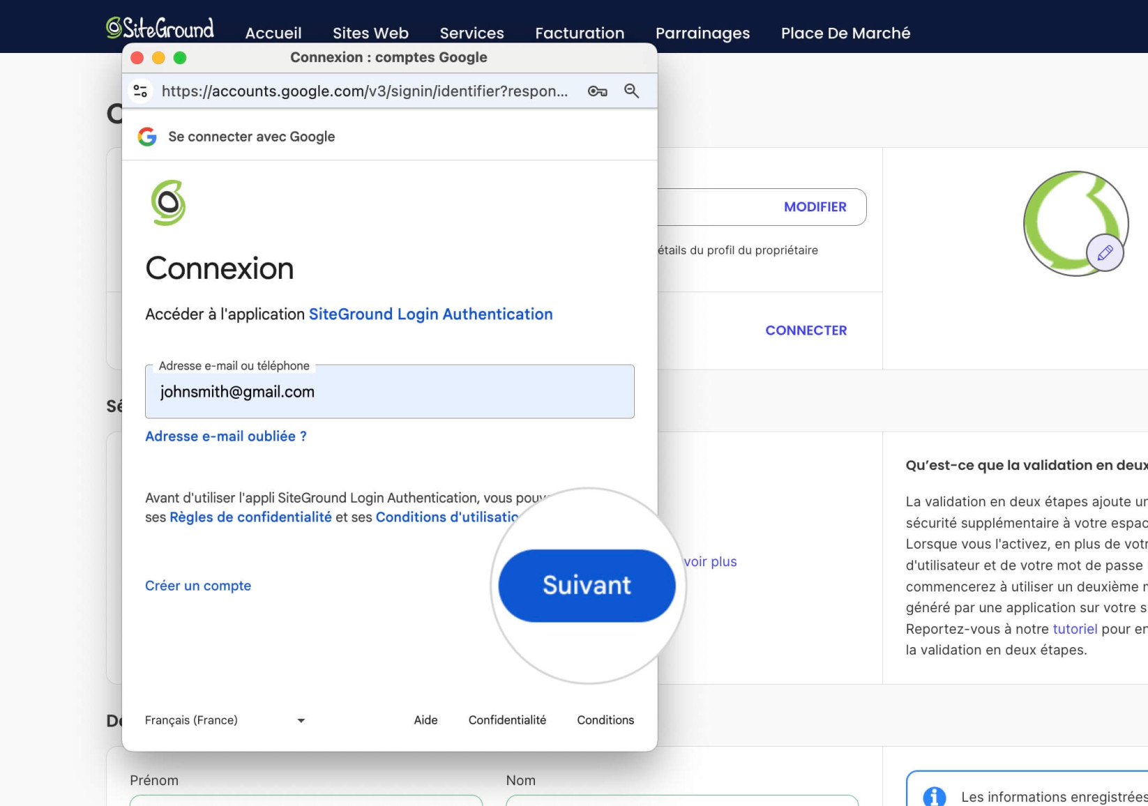 Fenetre contextuelle de connexion Google dans les parametres du profil 