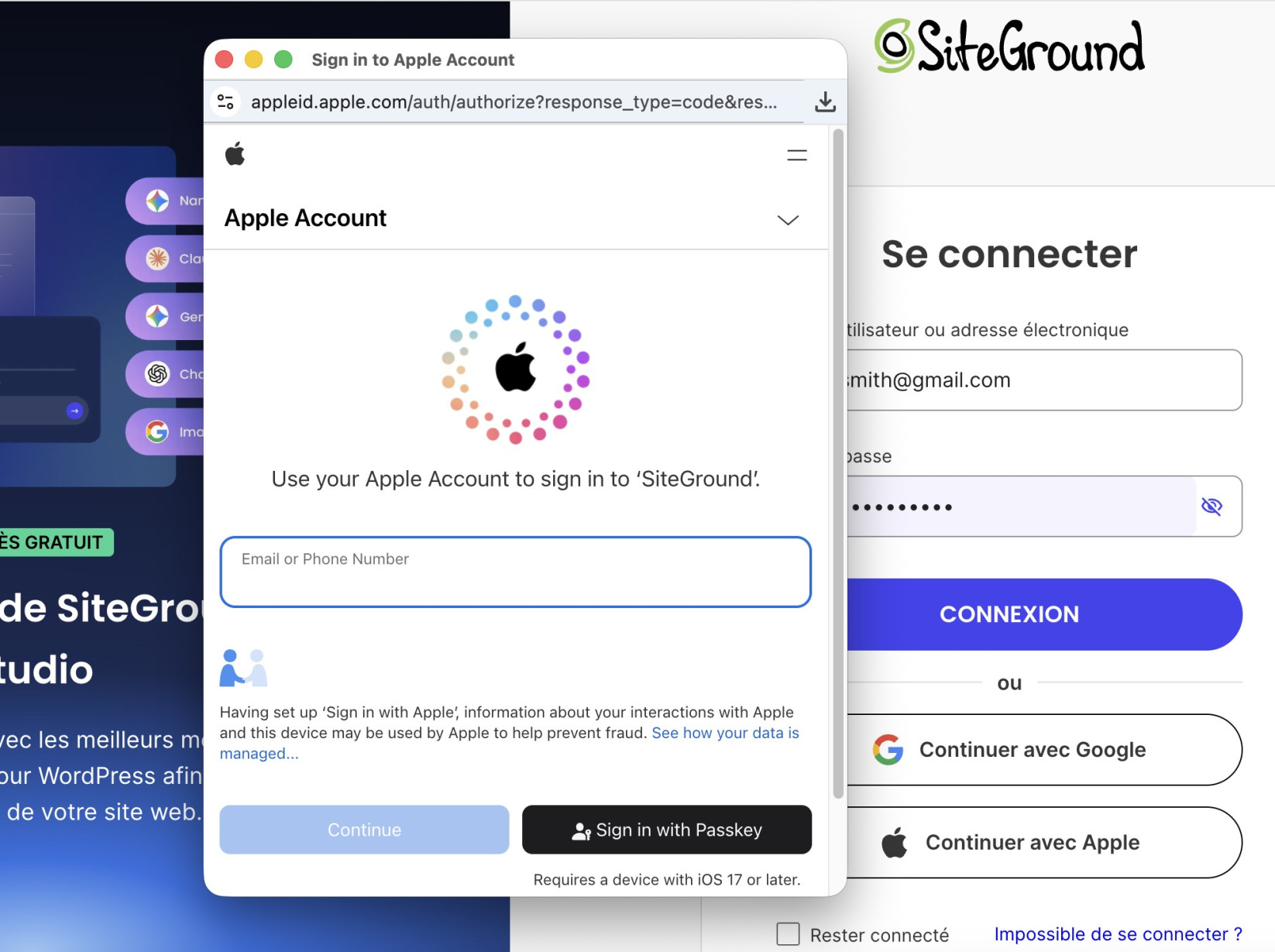 Entrez votre adresse email ou numéro de téléphone Apple ID et cliquez sur Continuer