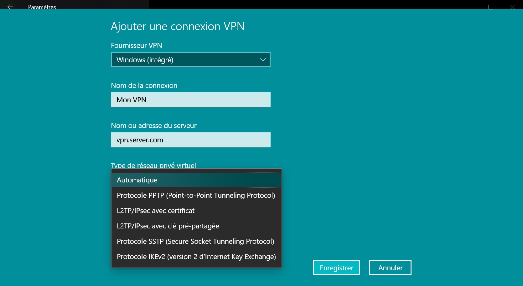 Capture d'écran ajoutant les détails du service VPN dans le système d'exploitation Windows