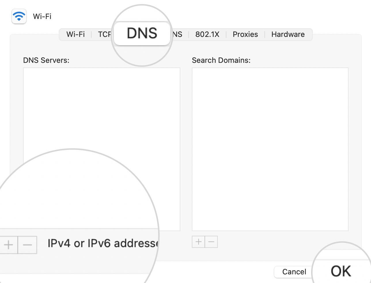 Capture d’écran de l’option de changement de serveur DNS sous MacOS