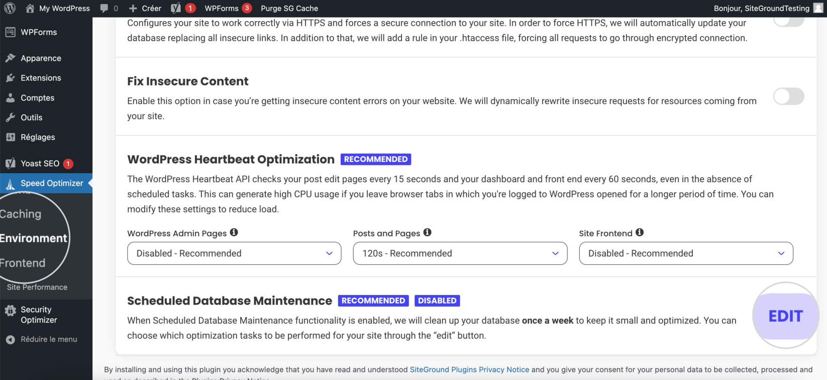 Capture d'écran montrant comment activer la maintenance de la base de données à l'aide du plugin SG Optimizer pour WordPress
