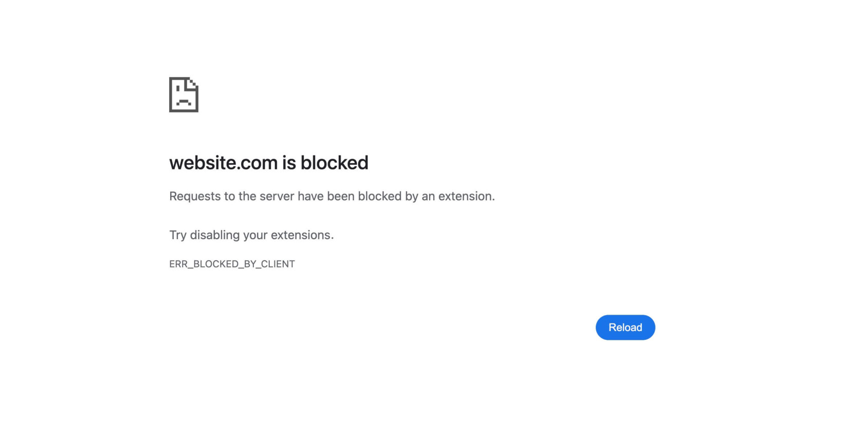 Navigateur Google Chrome affichant le message d'erreur ERR_BLOCKED_BY_CLIENT