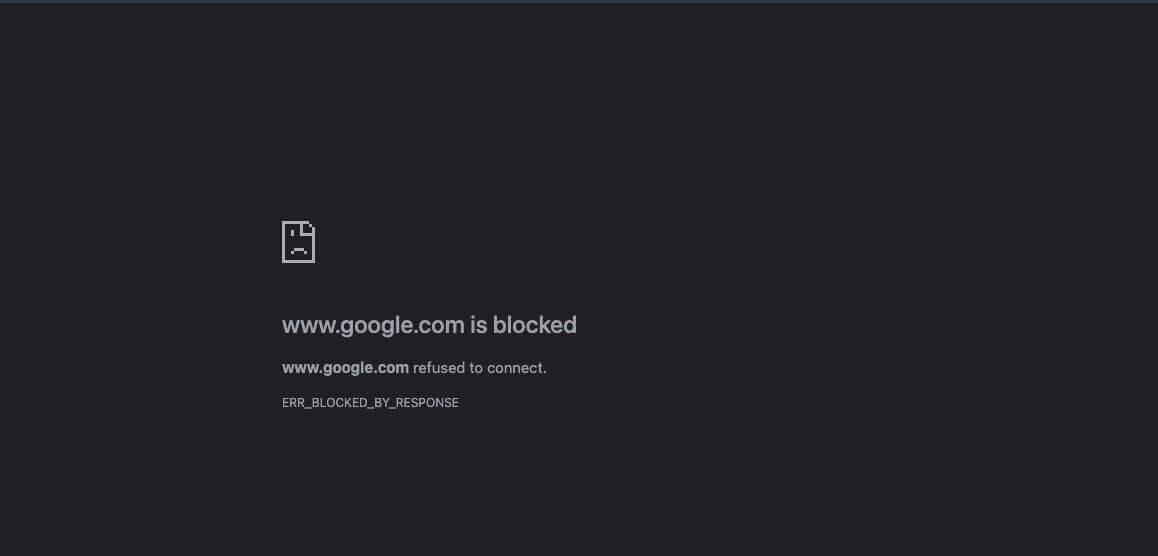 Une capture d'écran du message ERR_BLOCKED_BY_RESPONSE dans Chrome, lors de la tentative d'ouverture de google.com.
