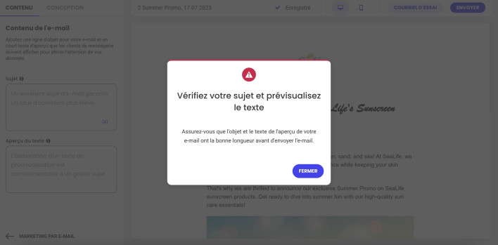 Capture d'écran montrant une erreur de ligne d'objet manquante dans Email Marketing