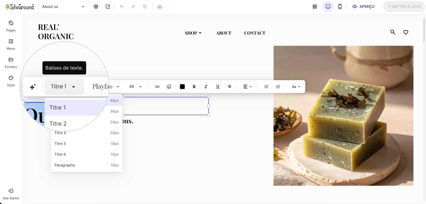 Menu déroulant des balises de texte dans Website Builder affichant les options de titre et de paragraphe pour mettre en forme le contenu