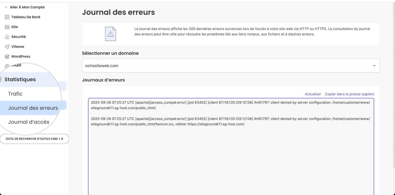 Les journaux d'erreurs dans Site Tools qui affichent toutes les erreurs enregistrées par le serveur pour aider à examiner l'erreur 502 Bad Gateway.
