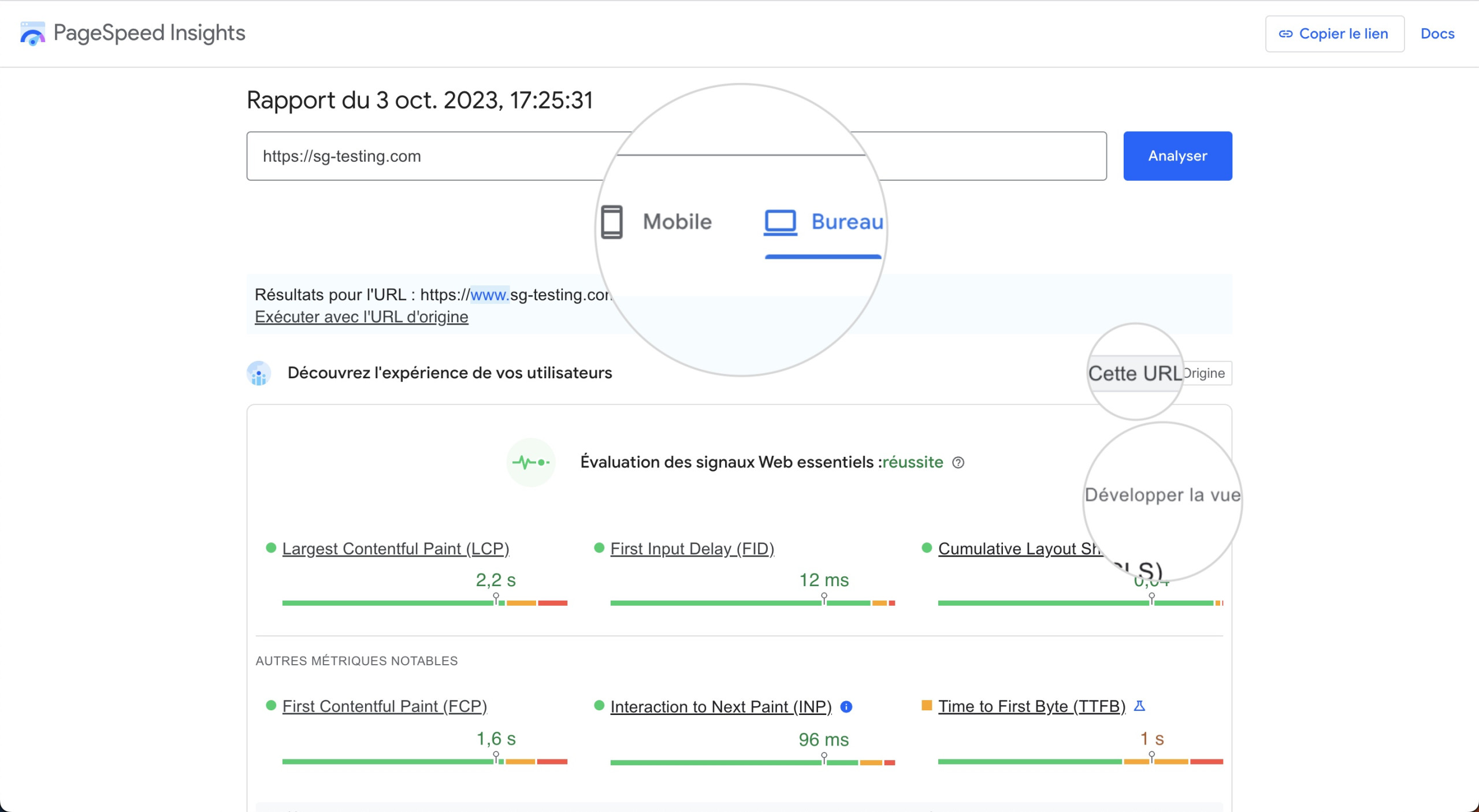 Résultats sur mobile et ordinateur pour une page web dans Google PageSpeed Insights