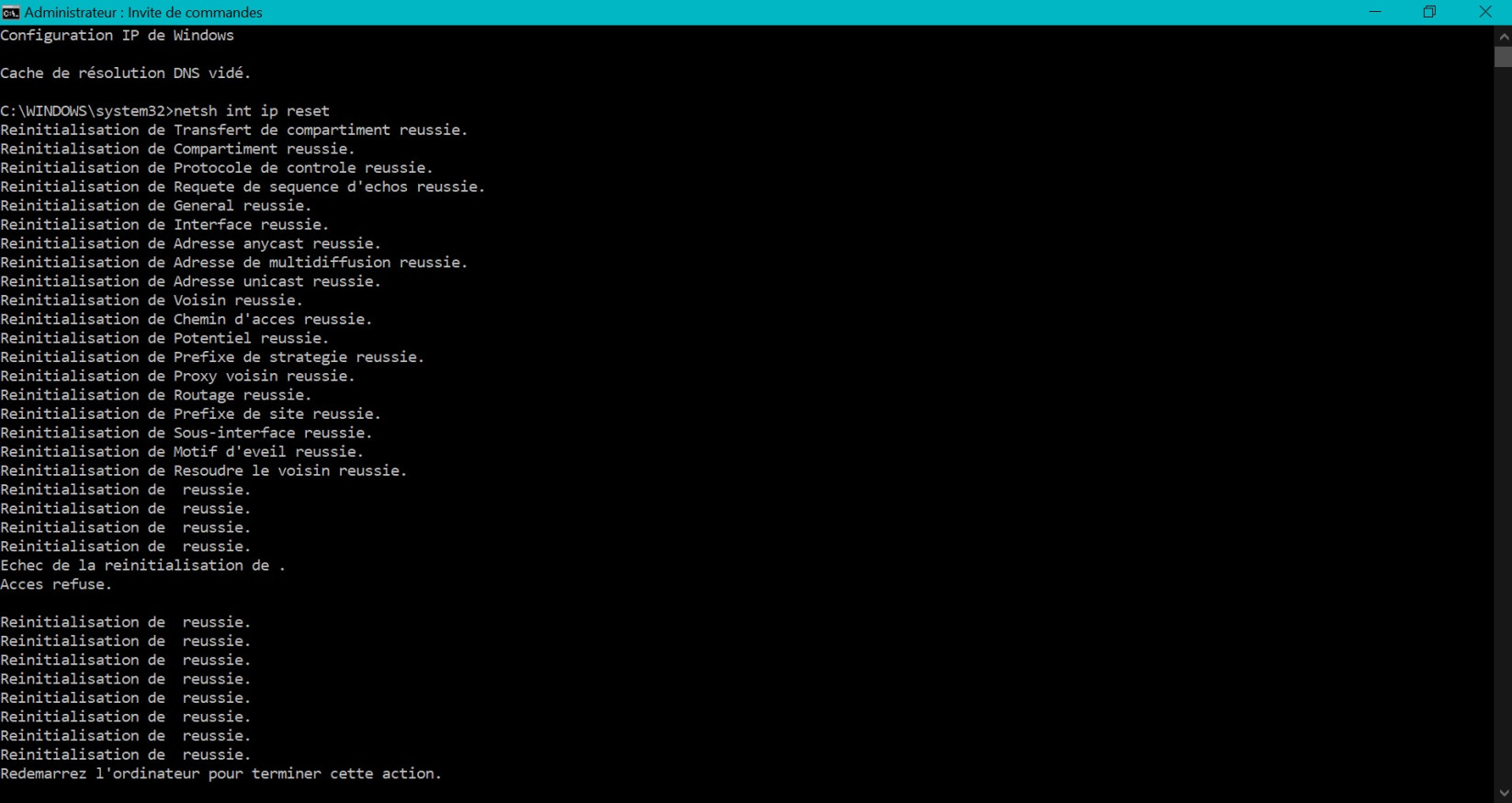 Capture d'écran montrant le résultat de la commande de réinitialisation des paramètres DNS dans Windows Cmd