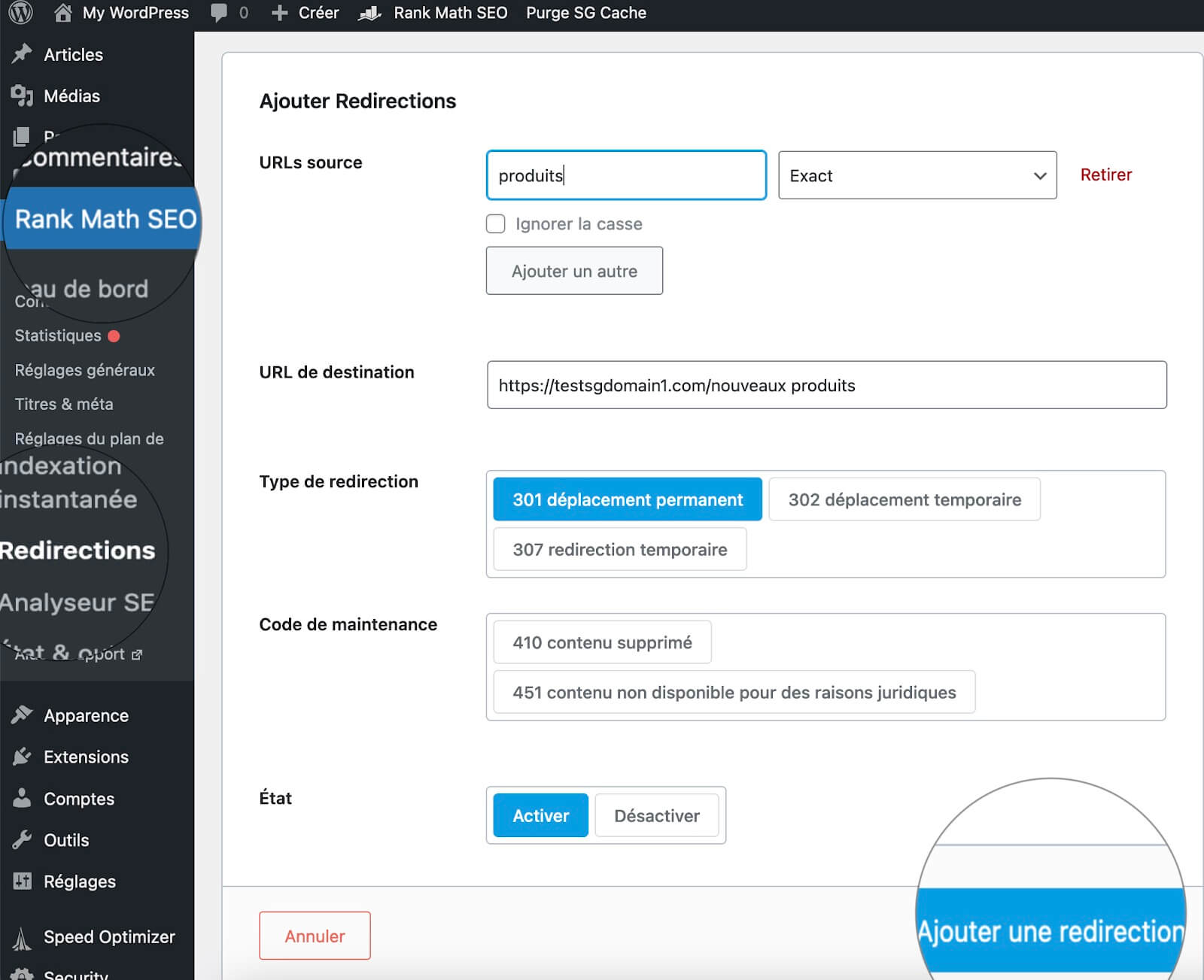 Exemple de configuration d'une redirection 301 à l'aide de l'interface de Rank Math, démontrant un exemple de manuel pour les meilleures pratiques de référencement.
