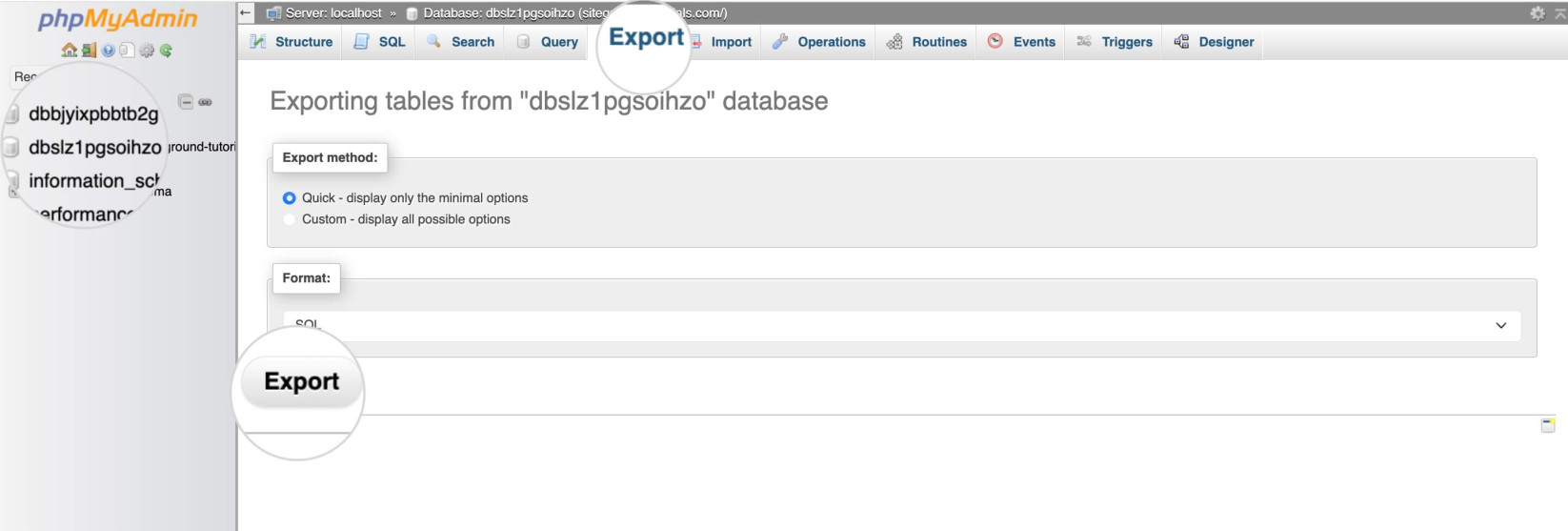 Exportation de la base de données d'un site web via phpMyAdmin