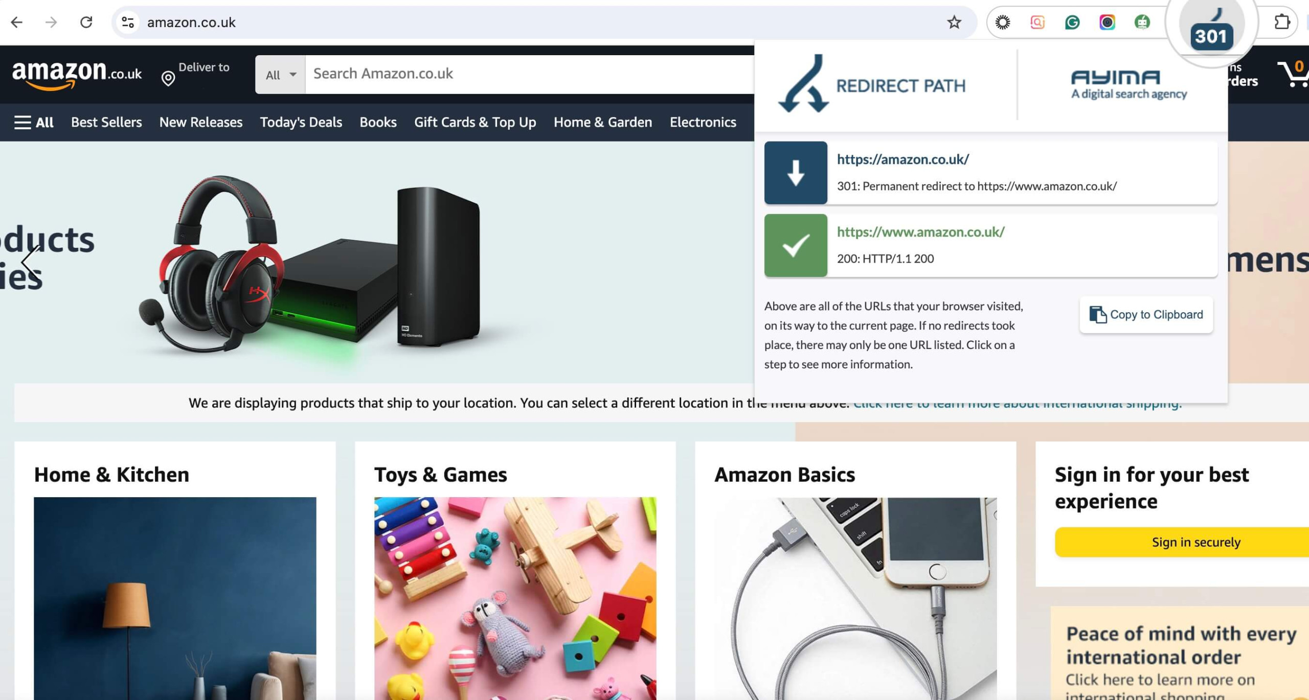 Capture d'écran montrant comment l'extension Chrome Redirect Path affiche les redirections