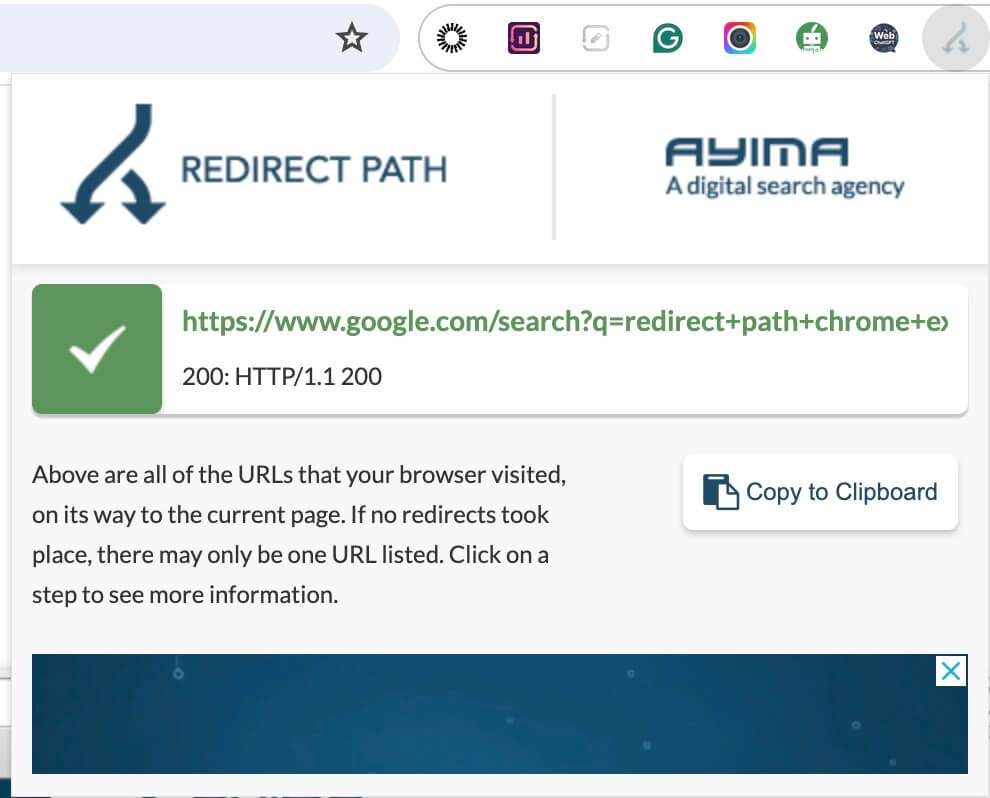 Exemple d'utilisation de l'extension Chrome Redirect Path, illustrant comment elle visualise les chaînes de redirection de sites Web.