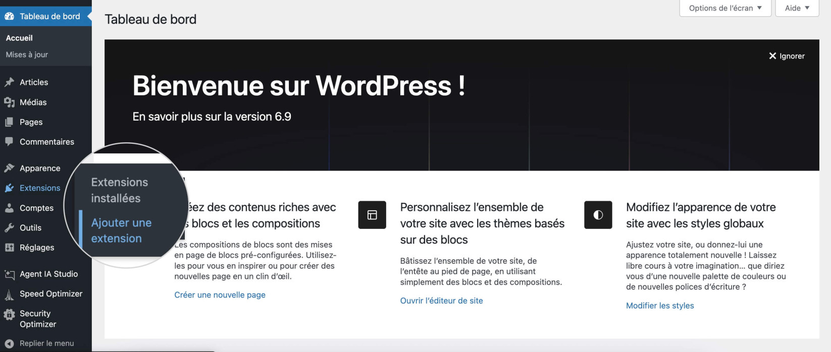 Tableau de bord WordPress avec le menu Extensions ouvert et l’option Ajouter une extension sélectionnée pour installer un nouveau plugin.