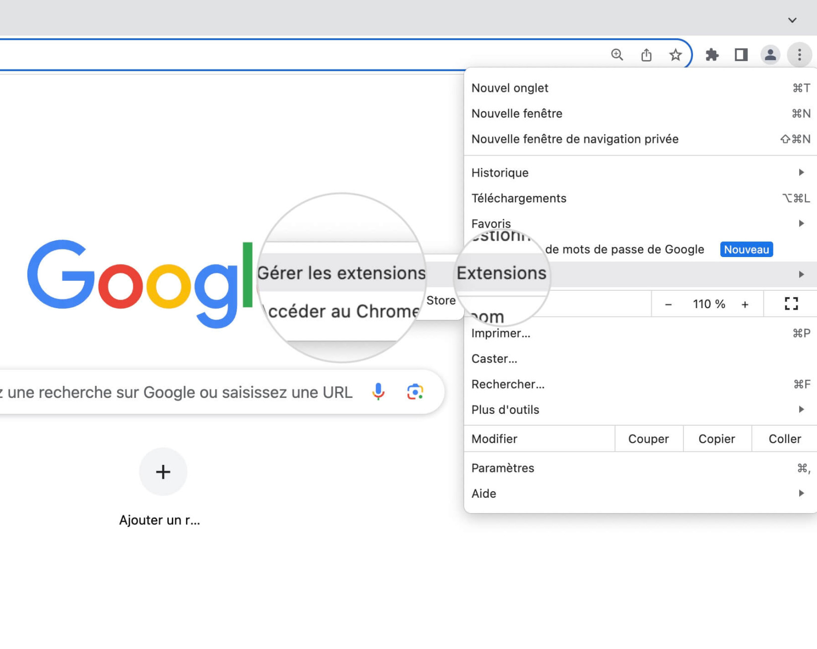 Ouvrir la section Extensions dans Chrome