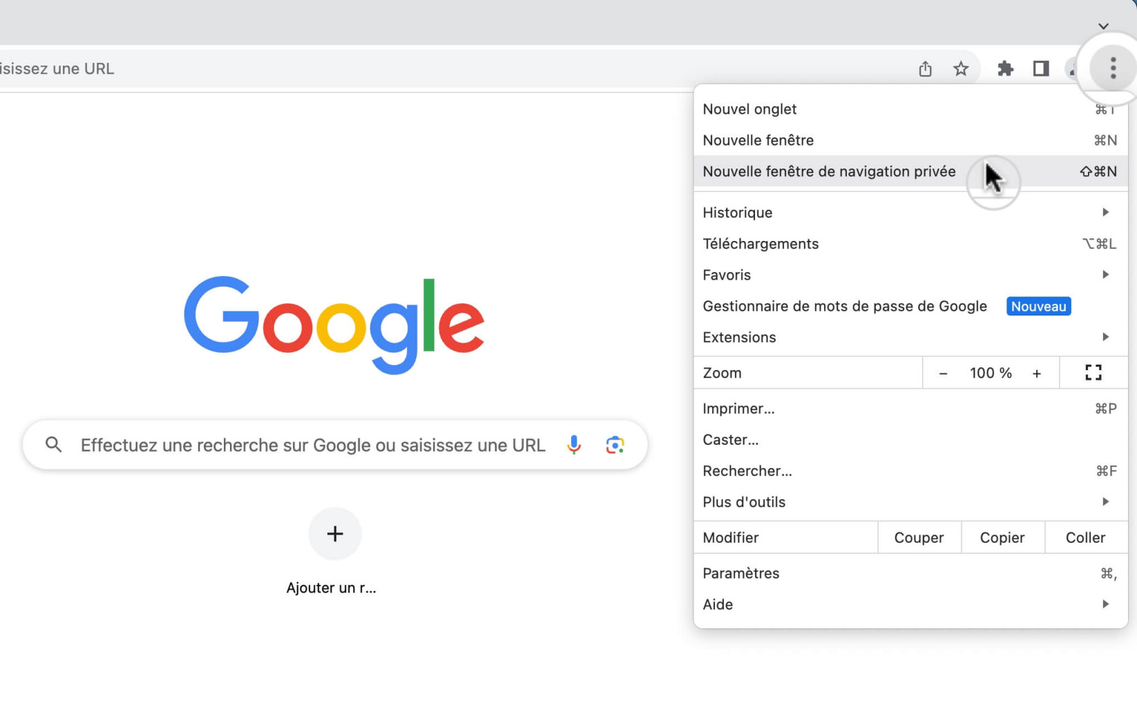 Ouvrir la page dans la fenêtre de navigation privée dans Chrome