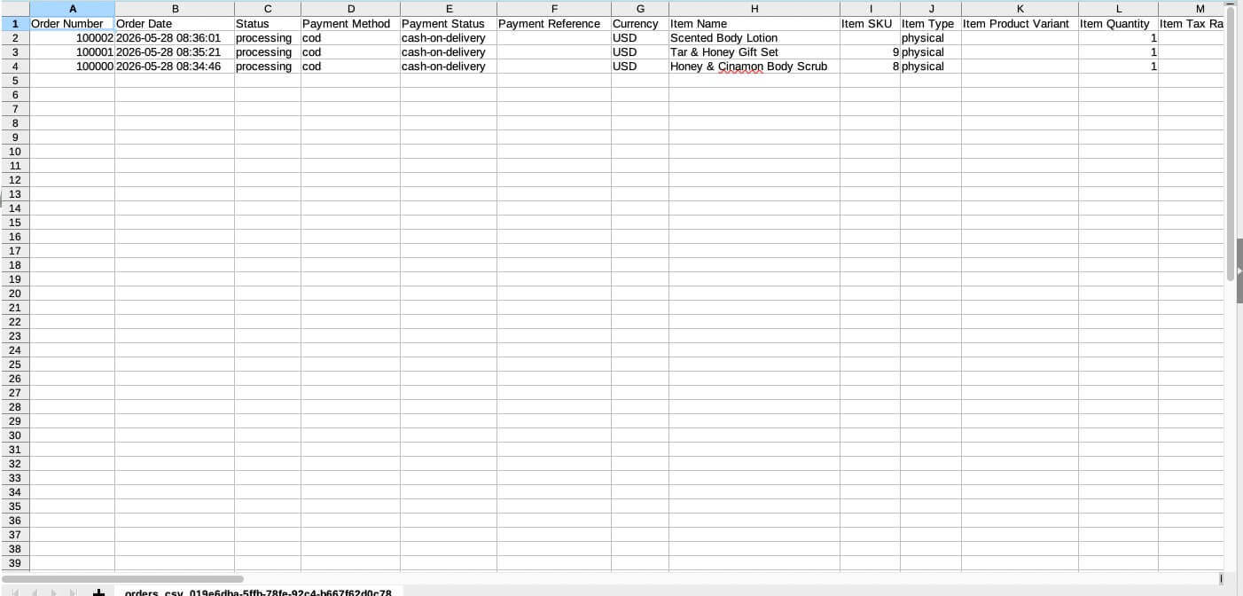 Fichier d'exportation de commandes CSV dans une application de lecture de CSV affichant les données d'exportation de commandes