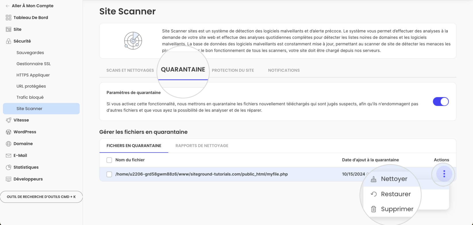Fichiers en quarantaine dans Site Scanner