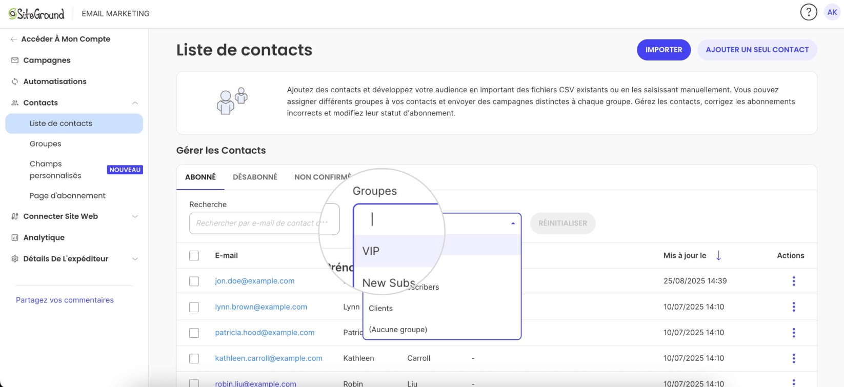 Menu déroulant des groupes dans la liste de contacts, mettant en évidence l’option VIP pour filtrer les abonnés.