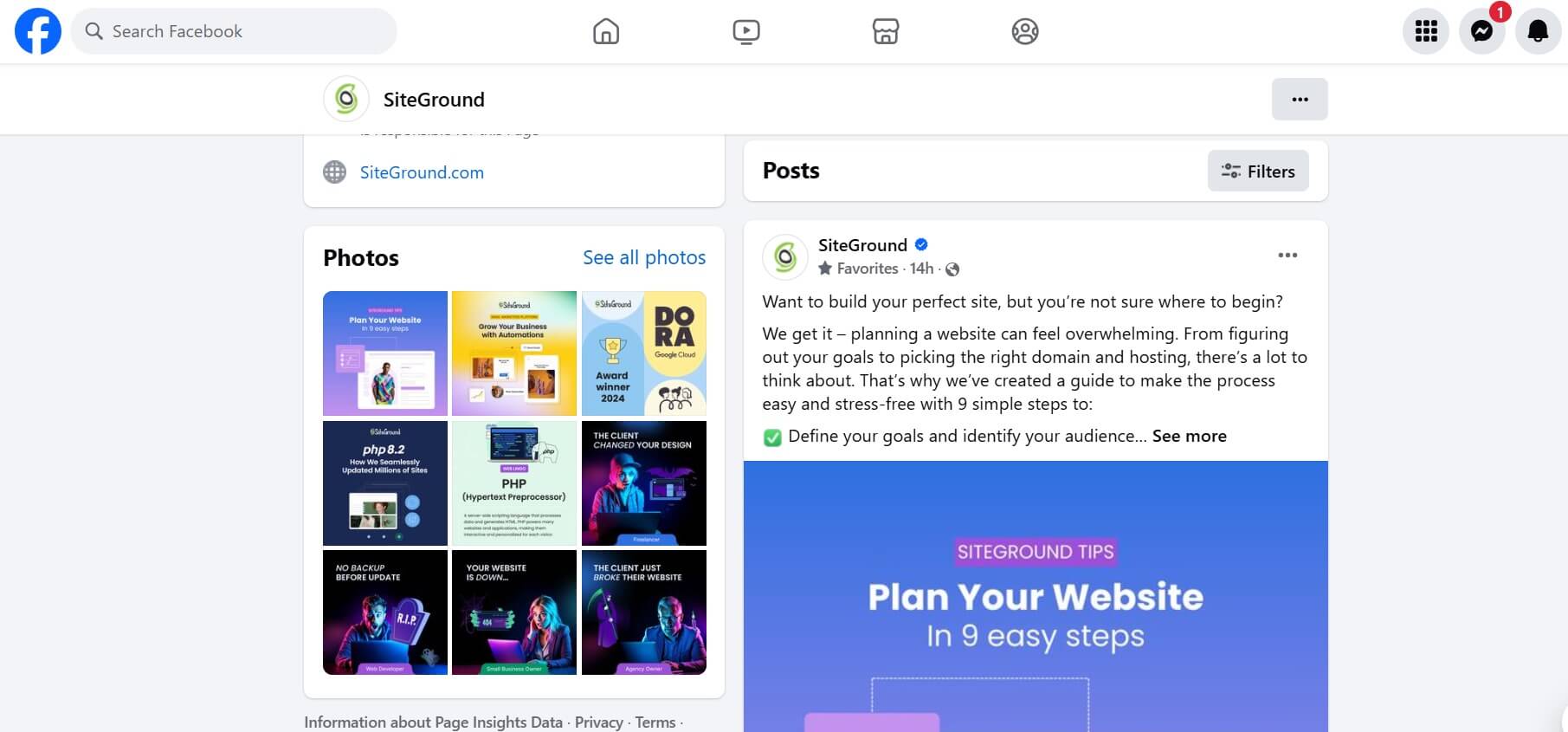 Capture d'écran affichant des éléments de site Web dynamique sur le flux Facebook de SiteGround