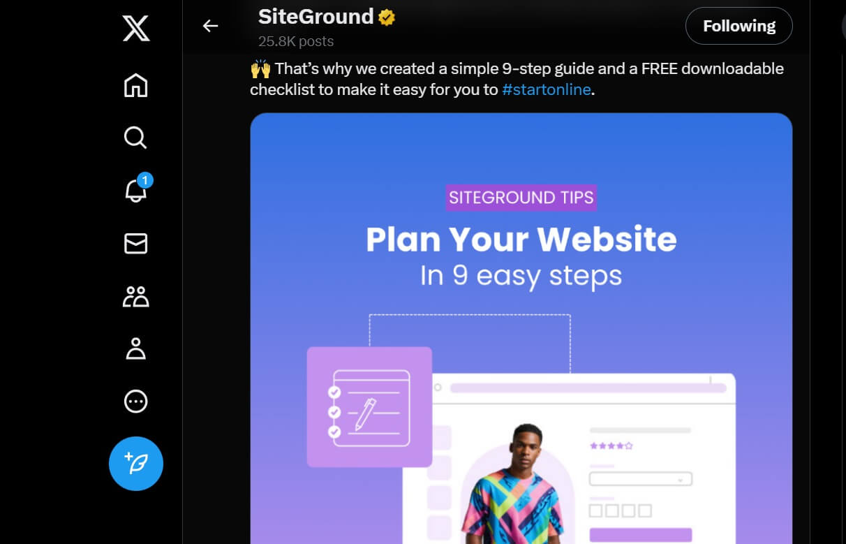 Capture d'écran des fonctionnalités du site Web dynamique sur le flux X de SiteGround