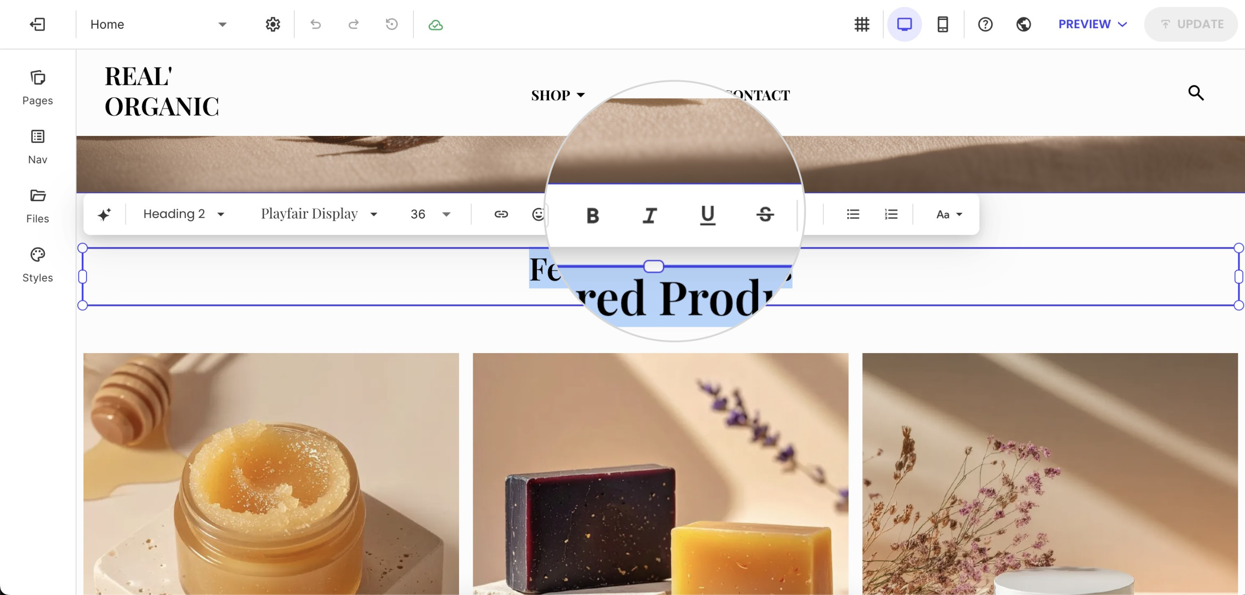 Screenshot of a text highlight and styling options in SiteGround Website Builder