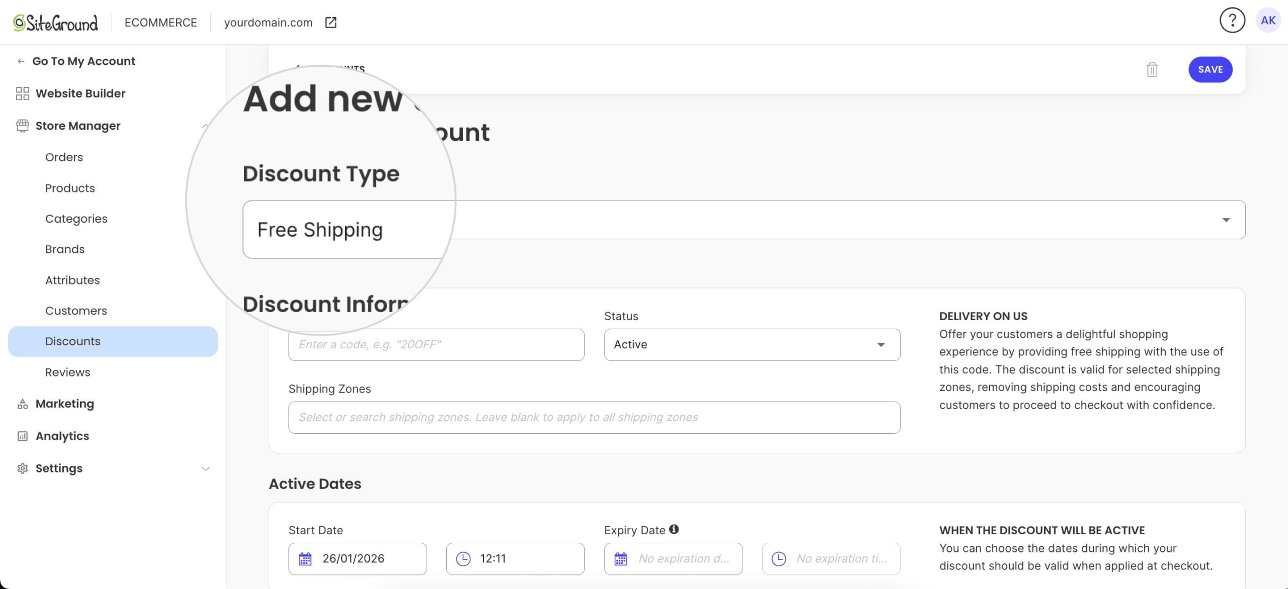 The “Add new discount” screen in the SiteGround Ecommerce Store Manager with “Free Shipping” selected as the discount type, displaying fields for discount code, status, shipping zones, and active dates.