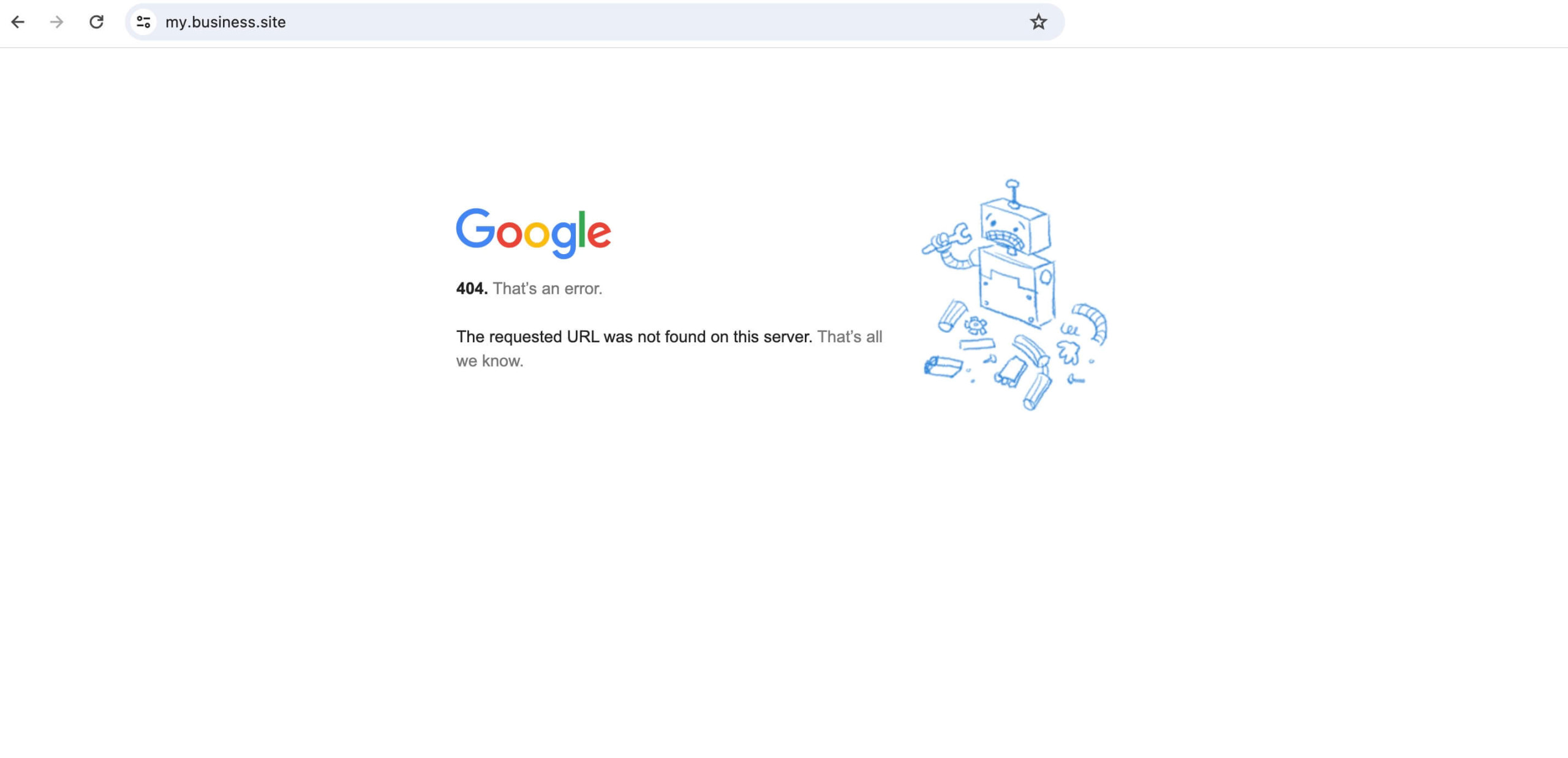 Page d'erreur 404 indiquant l'arrêt du site Web de profil d'entreprise Google