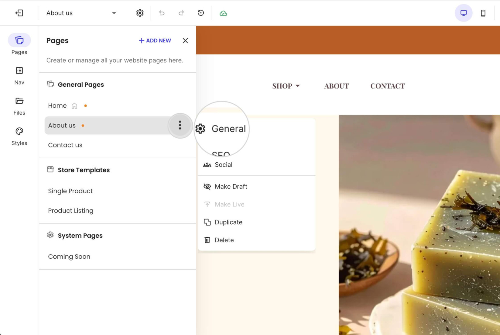 General page settings where you can change a page's title, URL and status